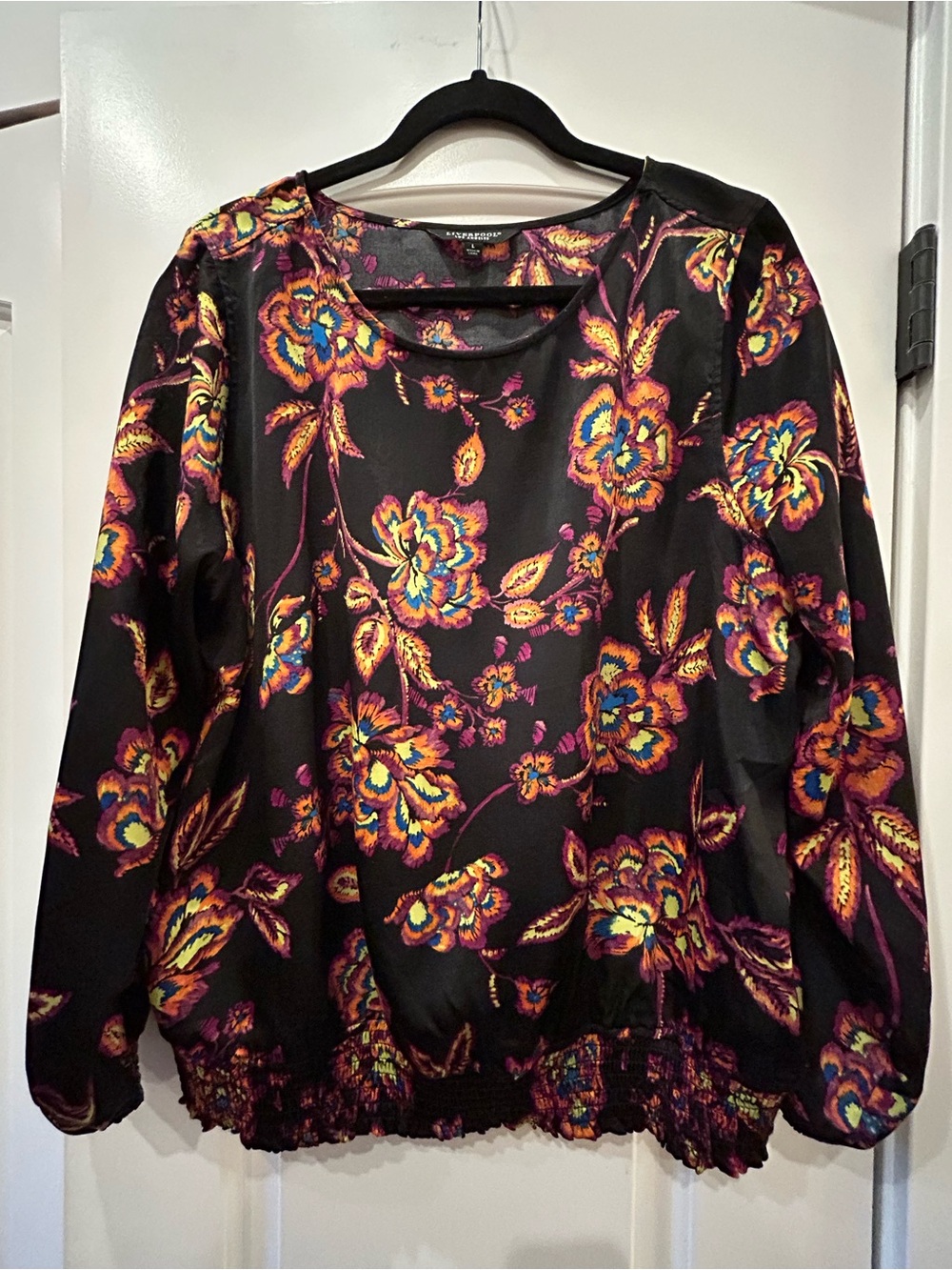 Liverpool Black Floral Long-Sleeve Blouse with Multicolor Floral Print